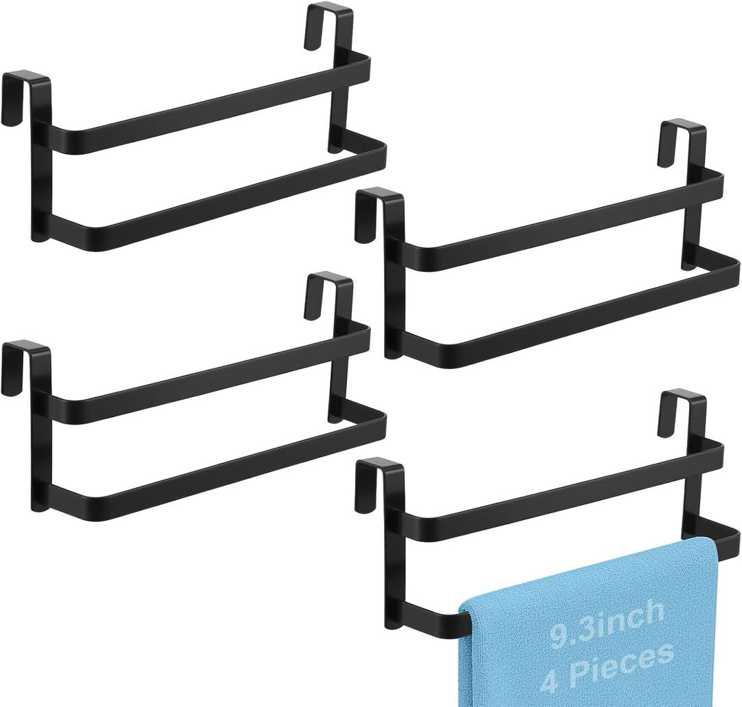 Kifmurase 4PCS Double Layer Over Cabinet Towel Bars, 9 Inch Matte Black Stainless Steel Bath Towel Holders for Bathroom Kitchen, Wall Mount Door Towels Rack for Washcloths