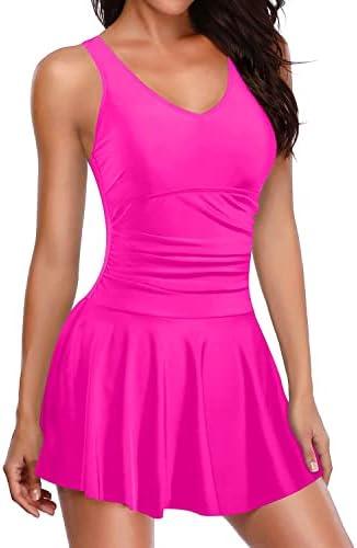 Yonique One Piece Swimsuits for Women Modest Tummy Control Swimdress Vintage Bathing Suits Skirt Swimwear, M, Pink