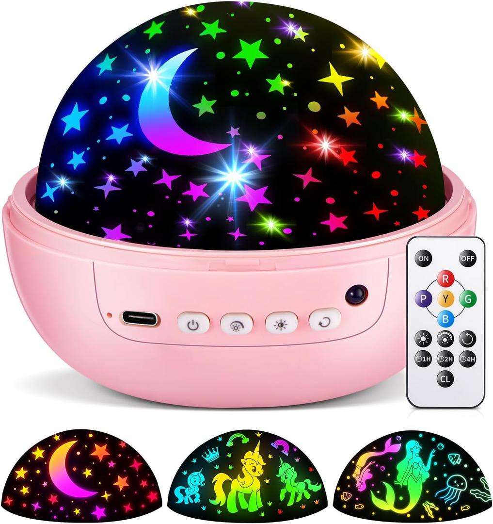 COOLNIGHT Kids Night Light Projector, [93 Lighting+3Films+Remote] Star Projector for Kids, 3 Brightness+3 Timer Star Lights for Bedroom, 360Rotate + Quieter Stars for Ceiling, Girls Night Light,Gift (Pink)