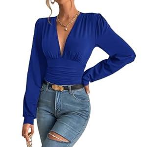 SURRO Women's Bodysuit Shirts Elegant Deep V Neck Leotard Blouses Long Sleeve Belly Hiding Tops Hook Closure (Blue, XS)