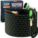 PowerFlow Garden Hose, NON-EXPANDABLE 25 Feet Premium Quality Stainless Steel Metal Water Hose with Durable Fabric Skin, Hose For Commercial, Residential Use, Bonus 10-way Spray Nozzle (25 Ft, Black)