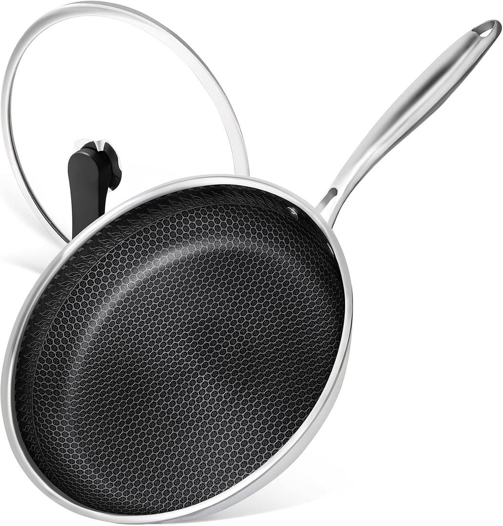 MICHELANGELO 12 Inch Stainless Steel Frying Pan with Lid, Nonstick with Honeycomb Coating, Triply Skillet - Induction Compatible