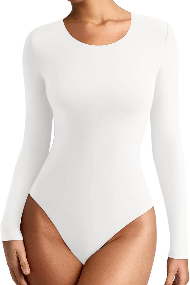 REORIA Womens Long Sleeve Bodysuits Fall Basic Round Neck Lightweight Double Lined Layering Slim Body Suit Tops (Small, White)