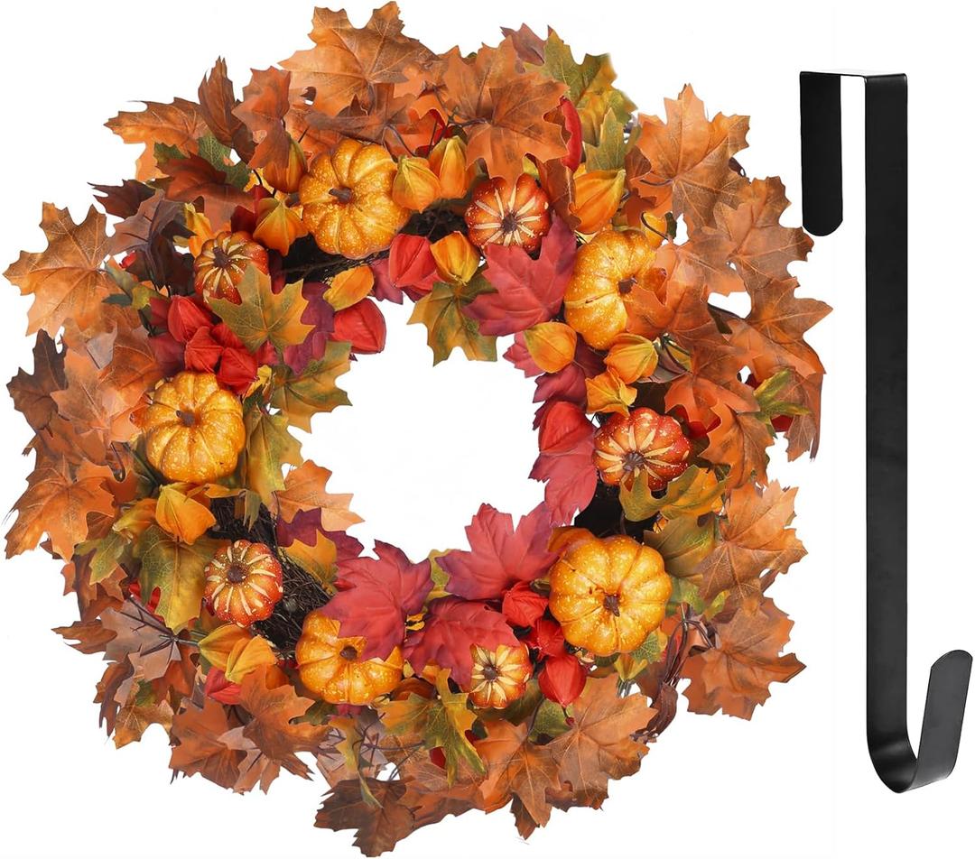 24 Inch Thanksgiving Fall Wreath, Autumn Wreaths for Front Door Halloween Wreath with Pumpkin Red Lantern Fruit Maple Leaves for Home Outside Indoor Wall Window Festival Fall Decorations
