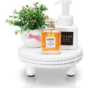 Farmhouse Beaded Wood Pedestal Tray Decor, 7.6 Round Vintage Display Stand, Decorative Accent Display Riser for Kitchen, Bathroom Small Items (White)