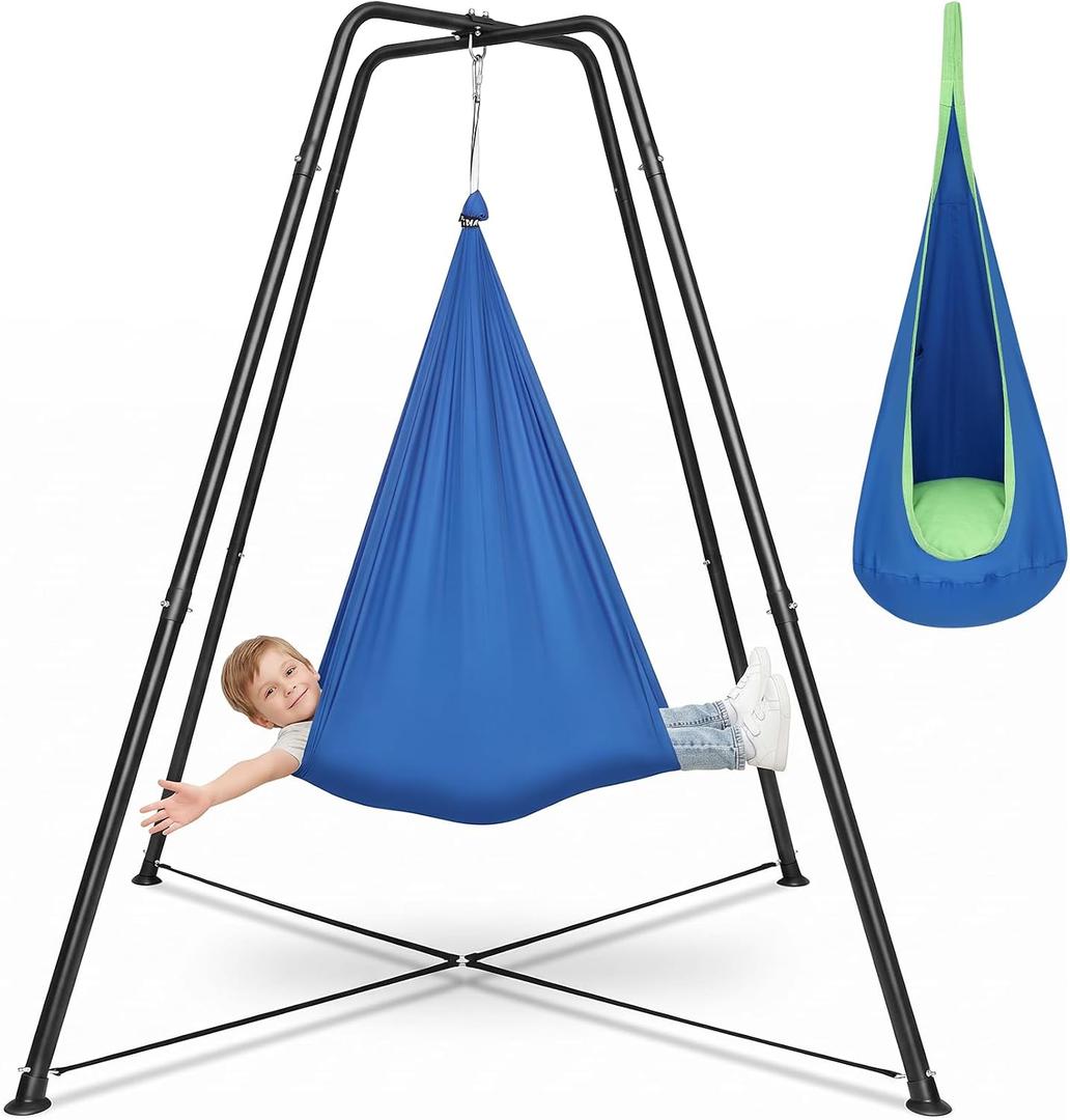 Swing Stand Frame with Sensory Swing and Pod Swing, Heavy-Duty X-Frame Sensory Swing Stand for Kids, Indoor & Outdoor Autism Sensory Hammock with Stand 350LBS Capacity for Home Backyard Park （Blue）