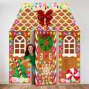 8 Pcs Christmas Gingerbread House Decorations with String Light Gingerbread Door Covers Backdrop Banners Christmas Candy Background Cloth for Holiday and Home Party Photography Photo Background Decor