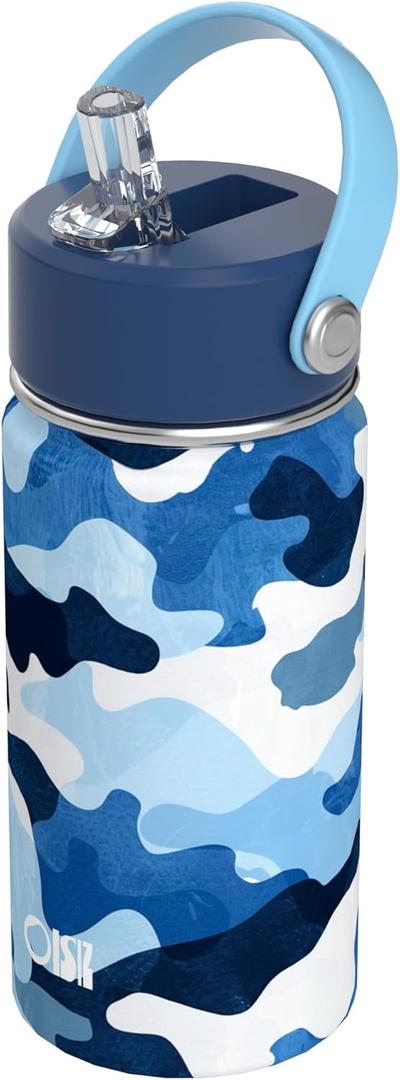 OISIZ Kids Water Bottle with Straw Lid 14oz, Vacuum Insulated 316 Stainless Steel Water Bottles for Kids for School, Leakproof Water Bottle, BPA Free and Keep Cold for 24 Hours (Navy Camouflage)