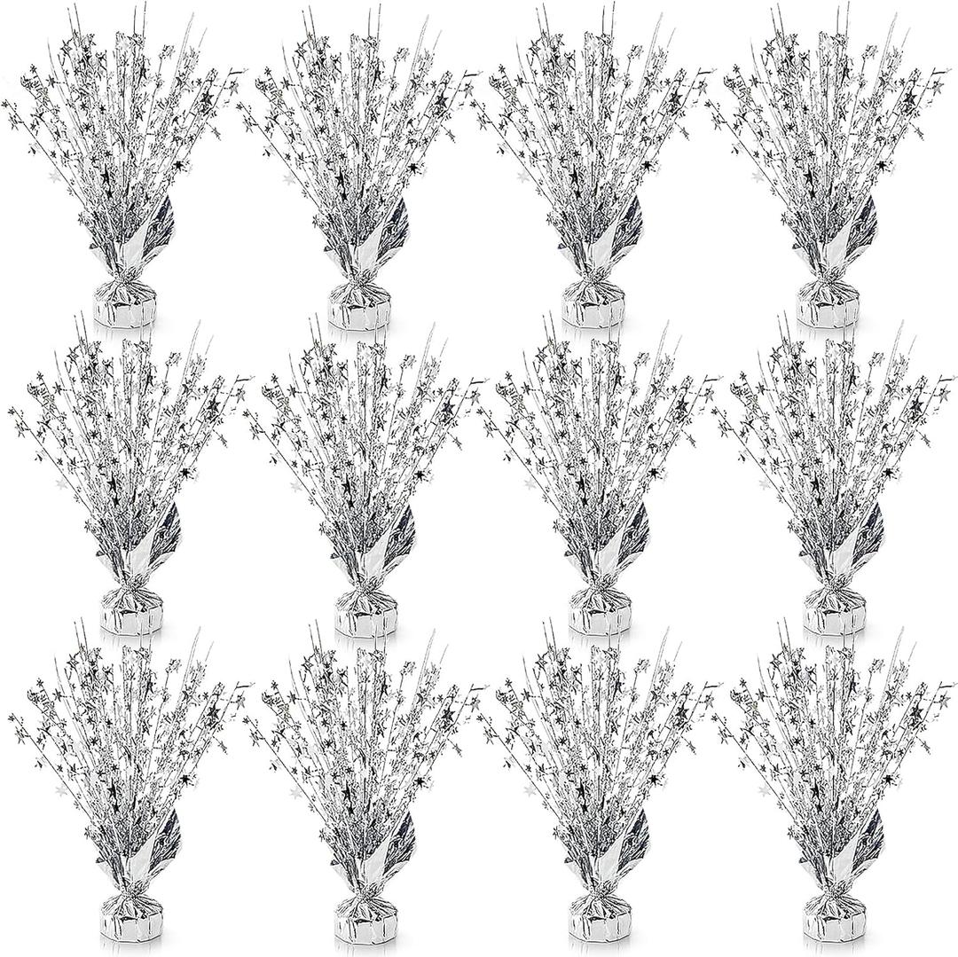 ZOOFOX 12 Pack Metallic Foil Spray Centerpiece, Glitter Silver Star Table Decoration, Burst Table Centerpieces for Birthday Wedding Anniversary Christmas Party Supplies Decor, Freestanding