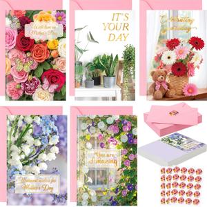 Eaasty 50 Sets Mother's Day Gold Foil Cards with Stickers and Envelopes Blank Inside Funny 5 Style Greeting Card Designs