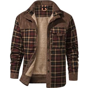 Haellun Men's Long Sleeve Sherpa Lined Shirt Jacket Flannel Plaid Fleece Coats (Medium, Coffee)