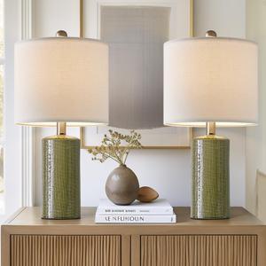 20.25" Small Table Lamps Set of 2 Modern Ceramic Lamps for Living Room, Farmhouse, Bedside, Boho, Green Bedroom, Side Table, End Table