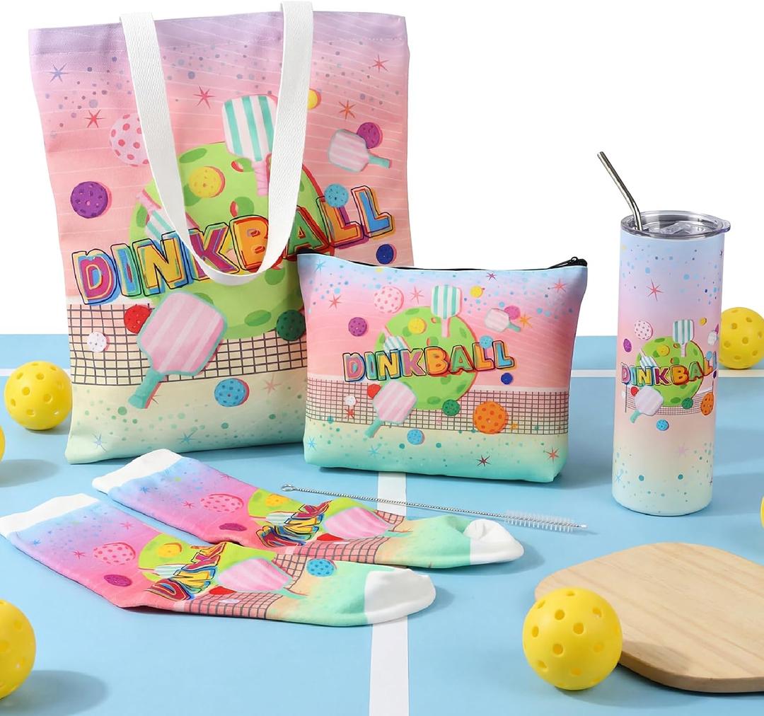 Geiserailie 4 Pcs Dinkball Gifts for Women Include 20 oz Stainless Steel Tumbler with Lid and Straw Cosmetic Bag Novelty Crew Socks Tote Bag for Women Birthday Mothers Day Dinkball Lovers