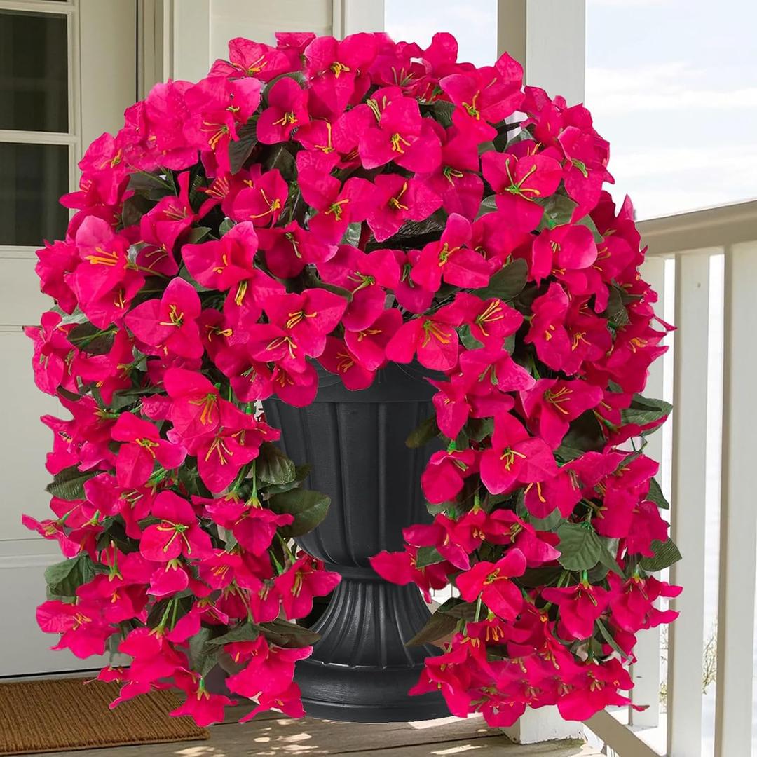 4pc artificial flowers for outdoors faux flowers faux outdoor plants uv resistant artificial outdoor plants 4pc Bougainvillea Artificial Fake Hanging Flowers yard decorations outdoor (4, Rose red)