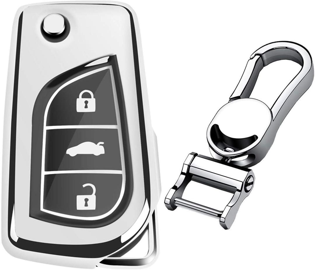 Soft TPU Case Key Fob Cover For Toyota 4Runner Avalon C-HR Camry Corolla Fortuner Highlander Levin RAV4 LE Sequoia Sienna Tacoma Tundra Yaris Car Key Shells - Glossy Silver - Metal Keychain