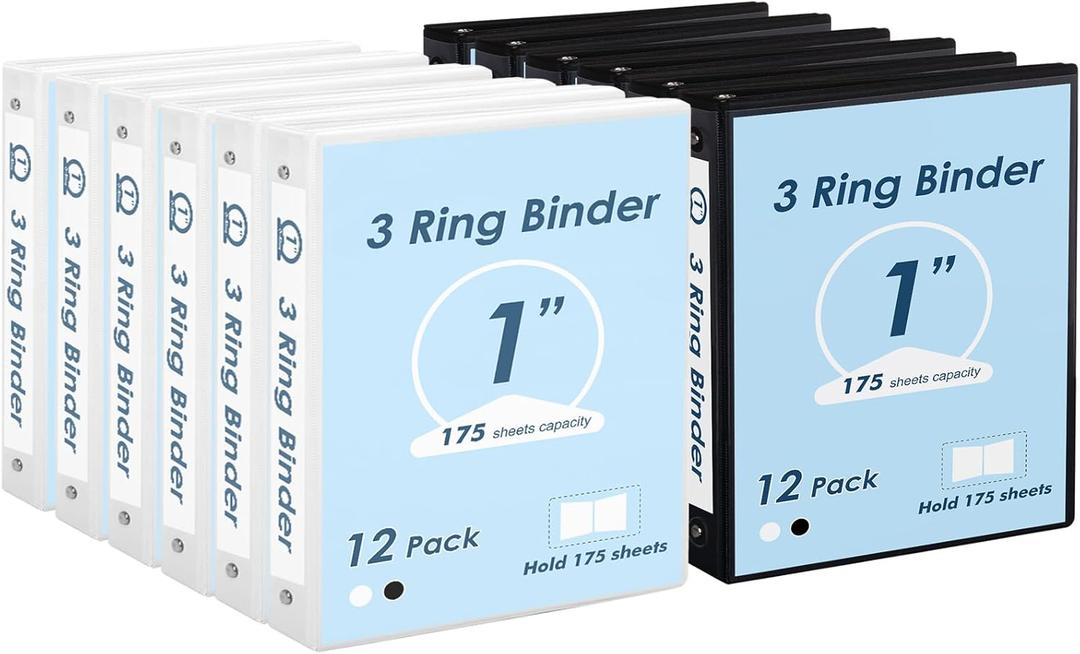 EOOUT 1 inch 3-Ring Binder 12 Pack Black and White with 2 Pockets Inside, Fits 11 x 8.5 Inch Paper with 175 Sheets Capacity, for Office, Home, School Project