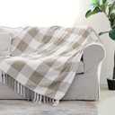 Beige White Buffalo Plaid Decor Blanket, Lightweight Soft Chenille Check Knitted Rustic Farmhouse Throw with Tassels for Couch Sofa Chair Bed Office Home, Tan and Ivory, 50" x 60"