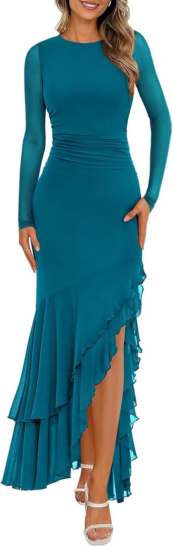 BTFBM Women's Maxi Dresses Fall 2026 Long Sleeve Ruched Bodycon Solid Ruffle Mermaid Cocktail Wedding Guest Dress (Blue, M)