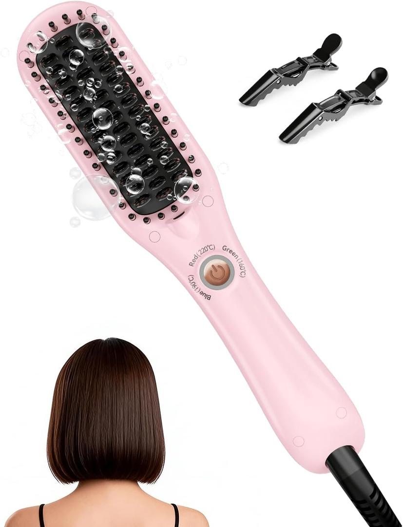 LANDOT Mini Hair Straightening Brush - Compact Ionic Straightening Brush for Frizz-Free Smooth Hair, Lightweight Hot Comb & Travel-Friendly Flat Iron, Blush
