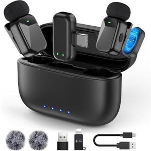 HEHOTTC Mini Wireless Lavalier Microphones for iPhone 15/16/17 & Android, 30H Battery Life with Charging Case, Lapel Microphone Wireless for Video Recording Vlogging (Light Black)