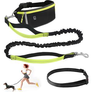 Hands Free Dog Leash with Zipper Pouch,Reflective Dual Handles Retractable Bungee Waist Leash for Small and Medium Dog Walking, Jogging (Black)