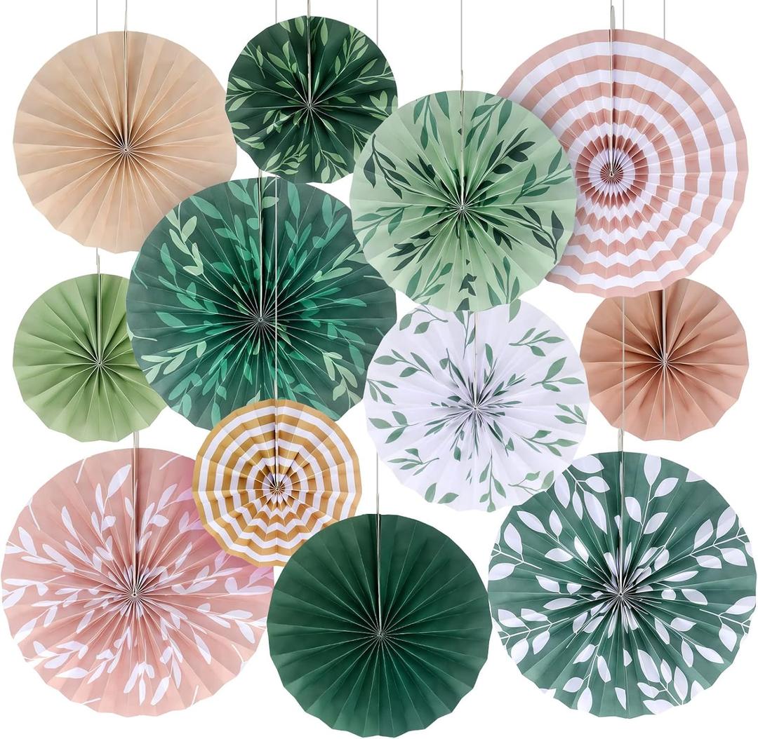 Thenshop 12 Pcs Sage Green Hanging Paper Fans Boho Hanging Ceiling Decoration Vintage Floral Round Paper Fans Garden Themed Party Decor for Tea Party Wedding Garden Bridal Birthday Indoor Outdoor (Leaf Style)