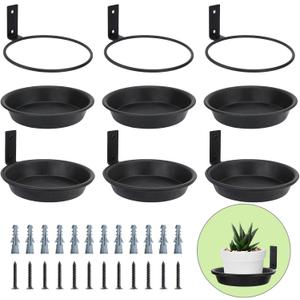 6 Inch Wall Mount Plant Holder with Saucer Trays, 6 Pack Heavy Duty Metal Flower Pot Holder Ring Plant Hanger for Wall Indoor, Ring Planter Bracket for Outside Outdoor Bird Feeder Bath