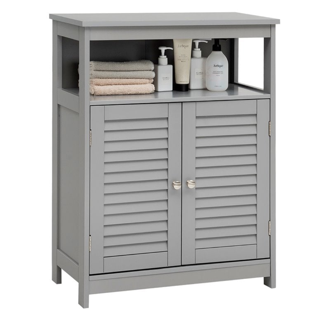 Wood Bathroom Storage Floor Cabinet with Double Shutter Door in Gray