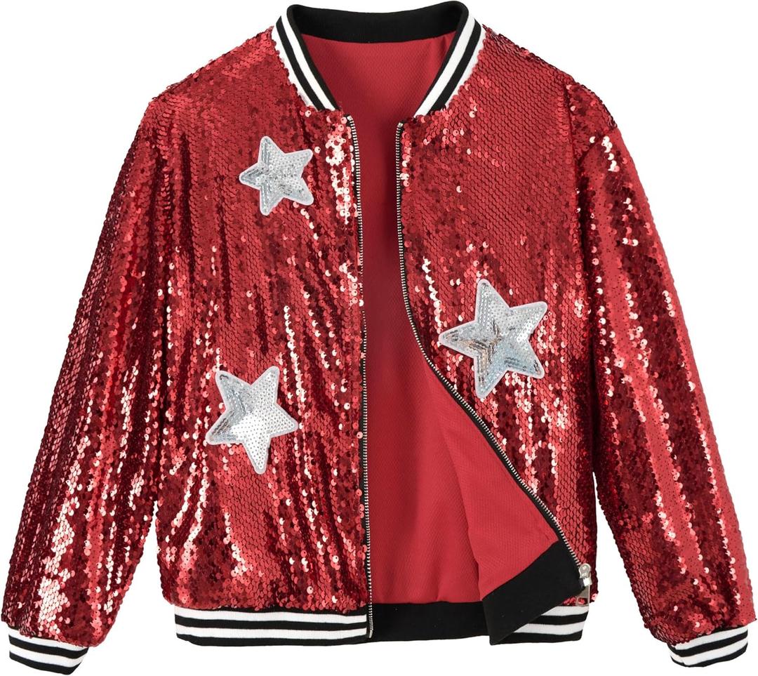 LOLANTA Girls Metallic Sequin Baseball Jacket Varsity Jacket Bomber Clothes (Red, 14-15)