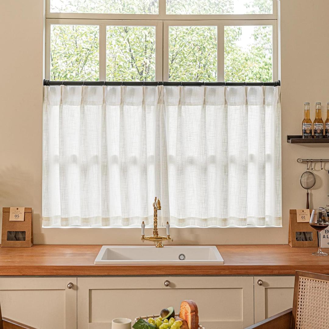Cream Ivory Linen Pleated Curtains 30 Inch Length Light Filtering Semi Sheer Mini Curtains for Small Window Basement Bathroom Pinch Pleat Boho Farmhouse Short Kitchen Drapes Laundry Room RV 40x30 (Natural)
