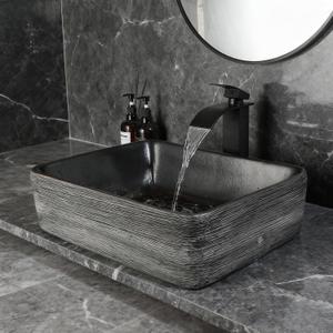 Black Vessel Sink Rectangle 18"x14" Bathroom Sink Above Counter Porcelain Ceramic Small Sink Bowl Ceramic Vessel Sinks with Waterfall Faucet and Pop-up Drain for Bathrooms, 18 inch x14 inchx5.4 inch