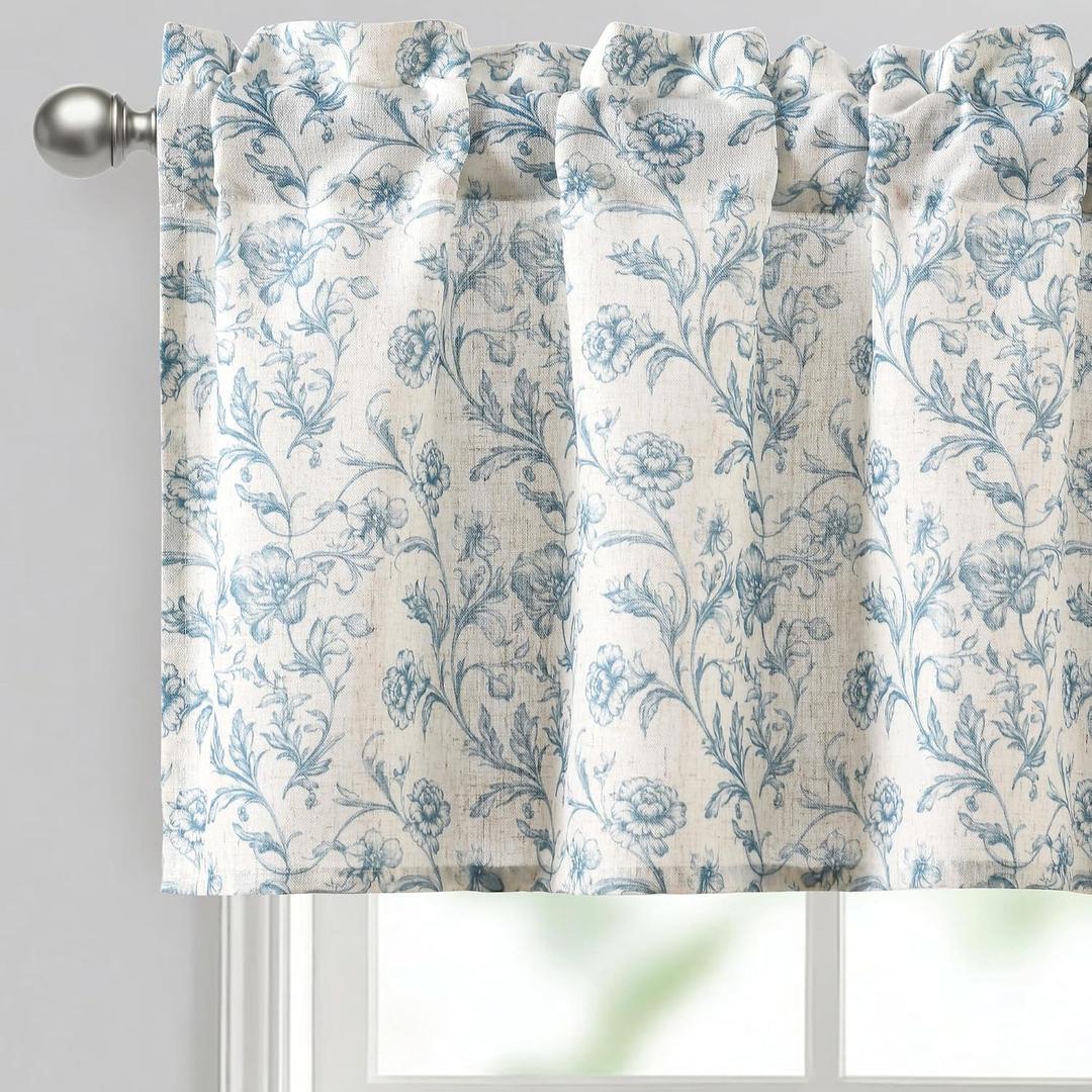 JIUZHEN Thick Textured Linen Floral Valance for Kitchen/Living Room/Bedroom Window, Rod Pocket French Farmhouse Light Filtering Valance Curtain, Blue Peony, 52 x 14 Inches, 1 Panel