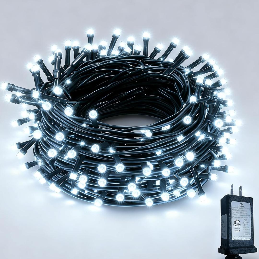 RPGT Christmas Tree Light 200 LEDs 73ft Green Cable Wire Fairy String Twinkle Lights Plug in 12 Modes for Xmas Party, Outdoor, Garden, Wedding, Home Decoration (White)