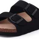 Unisex Cork Footbed Slide Sandal, Arch Support Summer Outdoor Sandals with Adjustable Buckle for Women and Men (8-8.5 Women/6.5-7 Men, Black)