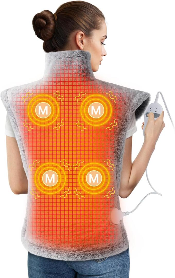 Massaging Heating Pad for Neck and Shoulders and Back, 24" x 35" Large Electric Heating Pad for Back Pain Relief with 3 Heat Levels, 4 Massage Settings, 2H Auto Shut-Off, 4 Massage Motors, Grey
