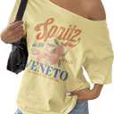 SOLY HUX Women's Off The Shoulder Graphic Tees Oversized Tops Short Sleeve Drop Shoulder Summer Baggy Tshirts Yellow Letter, Large