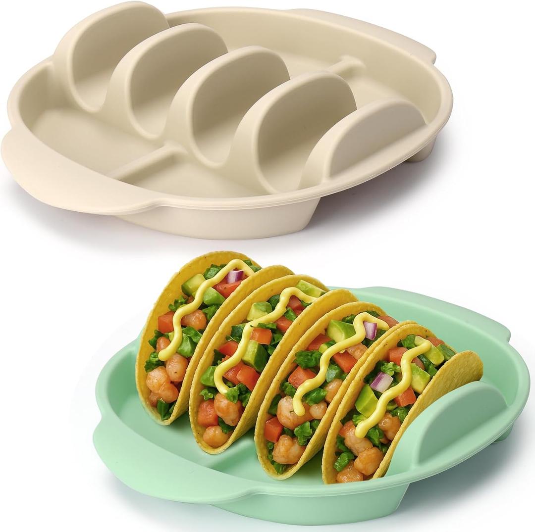Palksky Silicone Taco Holders Set of 2, Reusable Taco Shell Holder with Dividers, Taco Plates for Hard Soft Tacos, Dishwasher and Microwave Safe Taco Stand for Family Dinner,Party,Taco Night(2 Packs)
