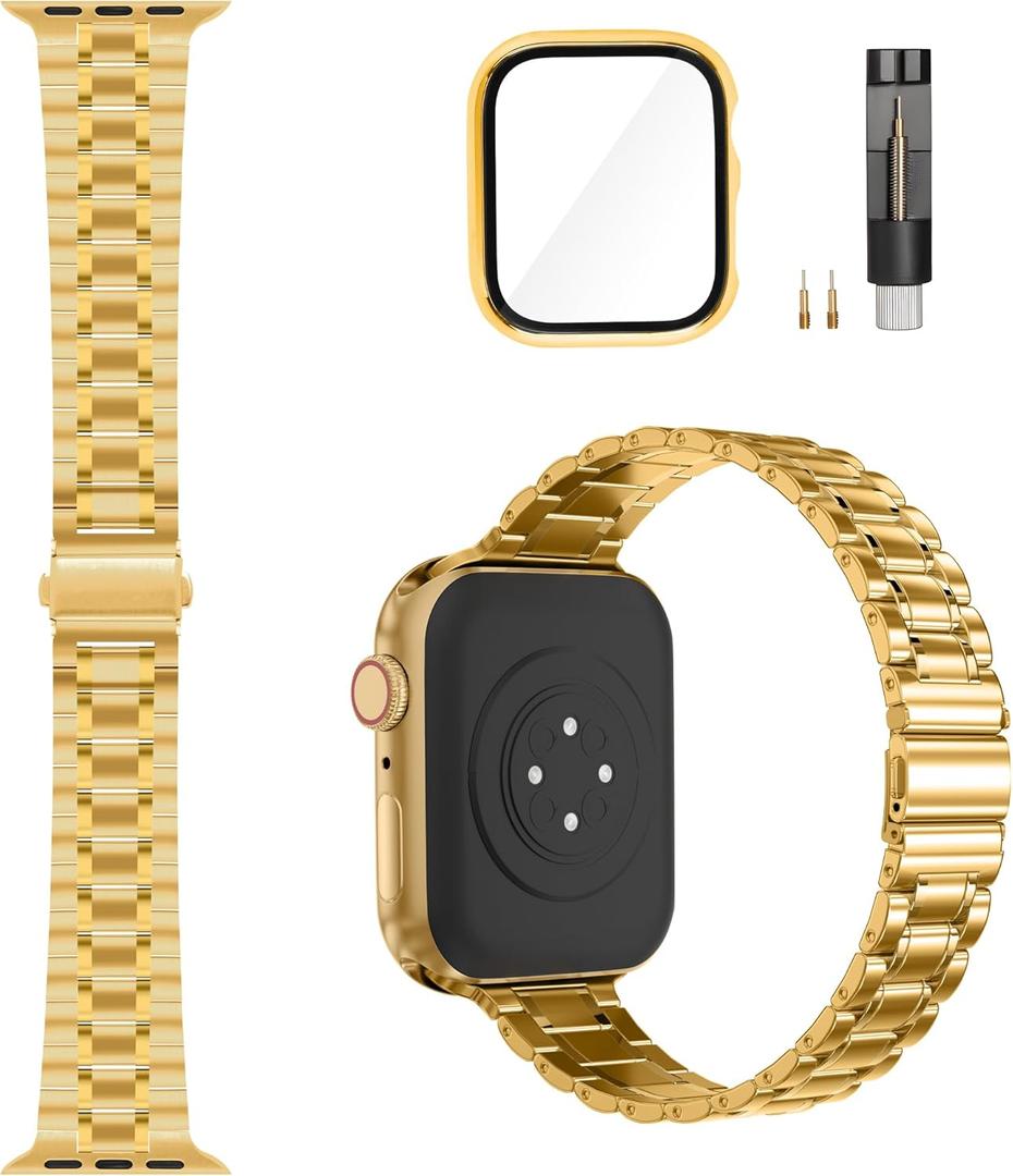 Solid Stainless Steel Band Compatible with Apple Watch 40mm, Bands with Screen Protector for iWatch Series 9/8/7/6/5/4/3/2/1/SE Women and Men (Gold)