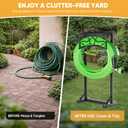 Heavy-Duty Garden Hose Holder with Storage Basket and Tool Hooks, XEAPOMS Stable Hose Hanger Metal Garden Hose Storage Holds 160Ft, Rustproof Freestanding Water Hose Holder for Outside,Yard,Lawn,Farm