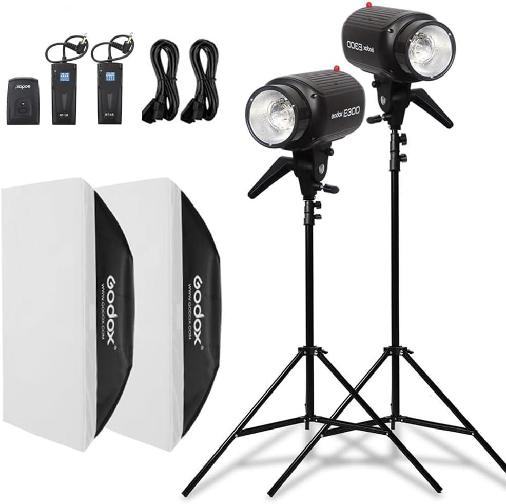 Godox 600W Professional Studio Strobe Lights Kit, 2Pack Godox Strobe Flash Lighting Kit for Photography, 2X 300W 5600K Monolights with Flash Trigger, Softbox, Light Stands