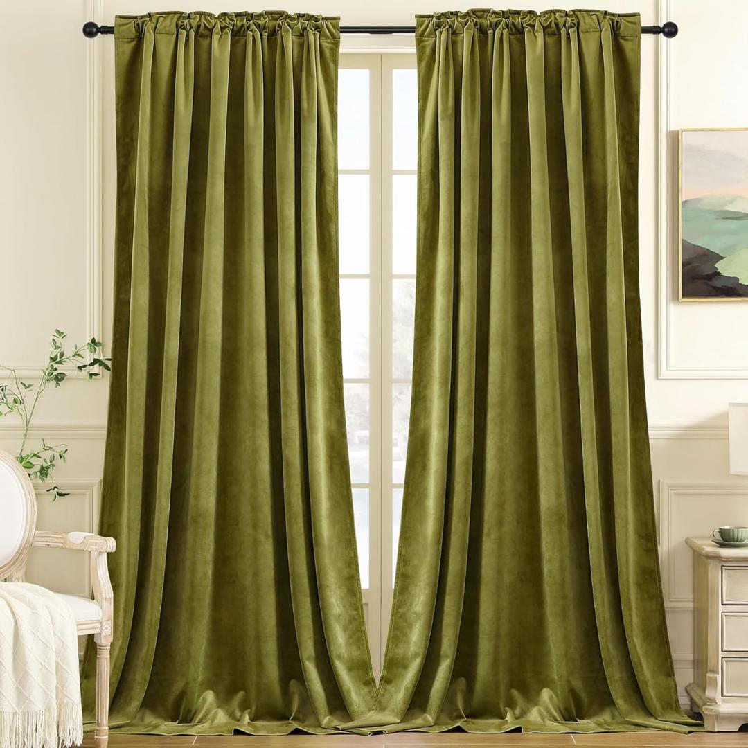 Nemia Moss Green Velvet Curtains Thermal Insulated Blackout Curtain for Bedroom Window Living Room Darkening Luxury Vintage 84 Inches Long Heavy Drapes Panels Rod Pocket Set of 2