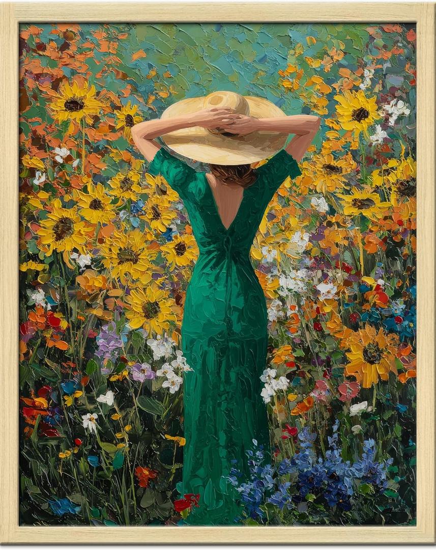 2 x Colorful Wall Art Prints Girl In The Flower Field Poster Canvas Art Wall Decor Picture For Bedroom Office Bathroom Wall Decor Aesthetic Home Artwork 8"  10" With Framed