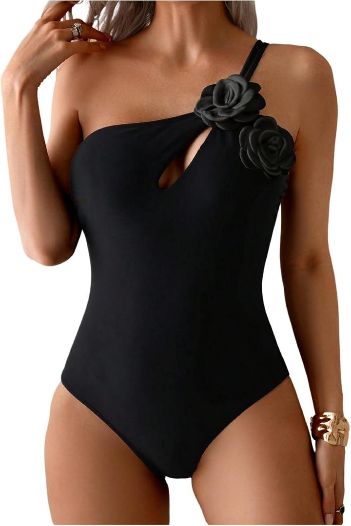 SHENHE Women's Cut Out One Piece Swimsuit 3D Floral One Shoulder Tummy Control Bathing Suits, Large