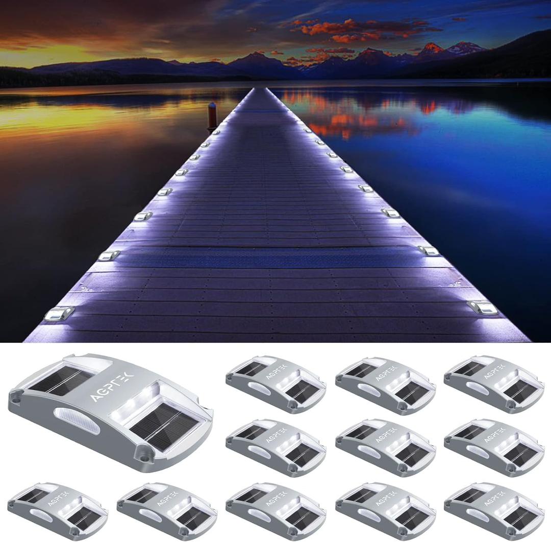 AGPTEK Solar Driveway Lights 12 Pack, White LED Deck Lights, Waterproof, Solar Powered, Easy to Install, Outdoor Marker Lights for Warning, Pathway, Garden, Yard