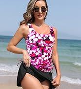 Daci Women's Tankini Swimsuits Swim Suits Women 2 Piece Tummy Control Bathing Suits with Skirt L Pink Flower