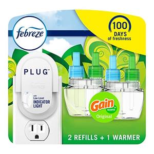 Febreze Plug-In Air Freshener, Odor-Fighting Scented Oil Starter Kit, Air Fresheners for Home, Bathroom and Kitchen, Long Lasting for Strong Odors, Gain Original Scent, Warmer + 2 Refill, Multicolor,Missing Parts