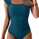 B2prity Womens One Piece Swimsuit Retro Square Neck Tummy Control Bathing Suits Ruched Modest Full Coverage Swimwear (Large, Peacock Green)