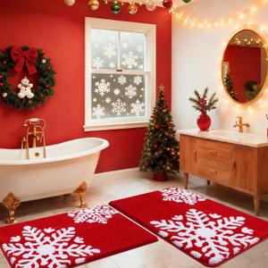 Christmas Bathroom Rug 2 Piece, Extra Soft Absorbent Microfiber Thick Plush Fluffy Bathroom Rugs, Non-Slip Backing, Machine Washable Bath Rugs, Holiday Xmas Decor Indoor Bath Mat, Red, Two Snowflakes