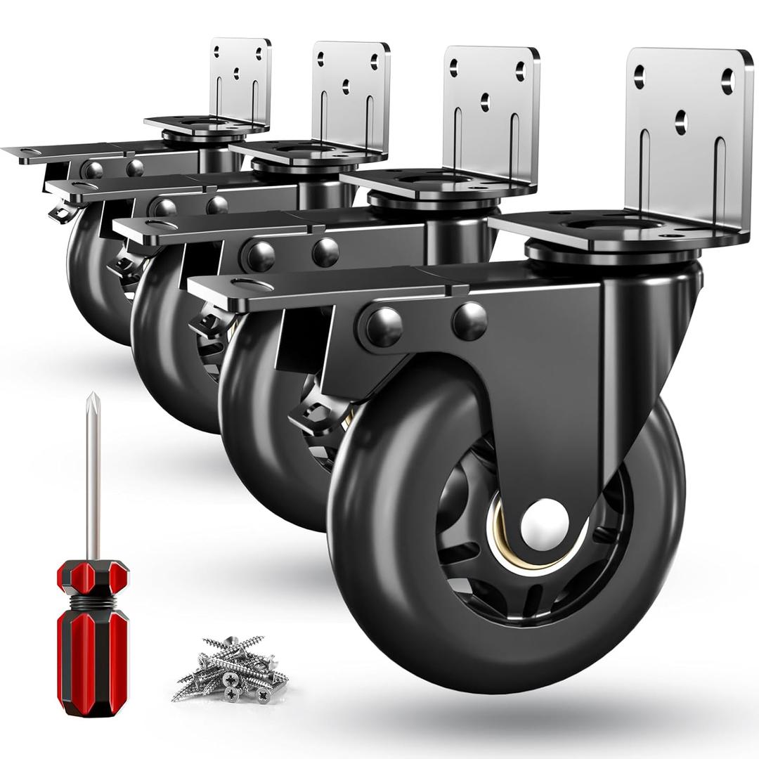 Side Mount Plate Caster Wheels - Thickened L-Shaped Mounting Heavy Duty 1200 LBSSet of 4 with Brake360 SwivelLockingCastor Wheels for FurnitureCartsCabinetTable(Black, 3 inchs)