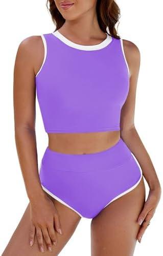 Pink Queen High Waisted Bikini Women 2 Piece Top Sporty Bathing Suit Size Small, Purple